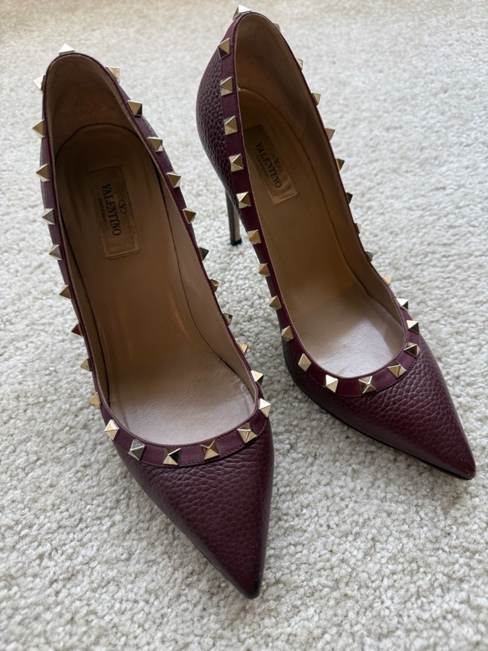 Valentino Burgundy Leather Rockstud Pointed-Toe Pumps